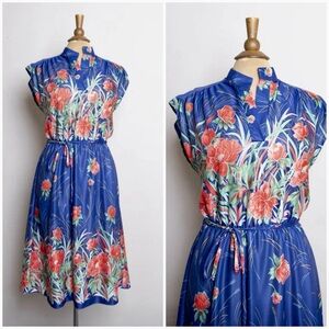 Vintage 1970s Blue Tropical Pleated Sundress with Mandarin Collar Sz M